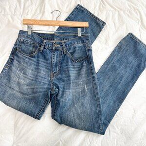 Rustic Blue Men’s Bootcut Jeans Size 32x34 Medium Wash Frayed Denim